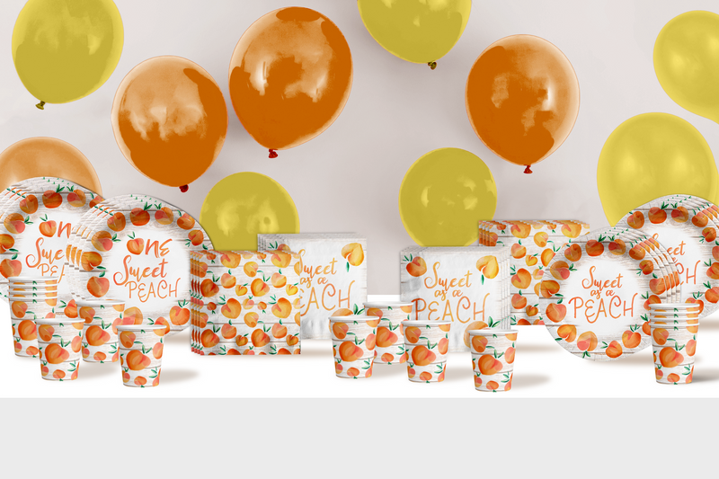 One Sweet Peach 1st Birthday Party Supplies 64 Piece Tableware Set Includes Large 9" Paper Plates Dessert Plates, Cups and Napkins Kit for 16