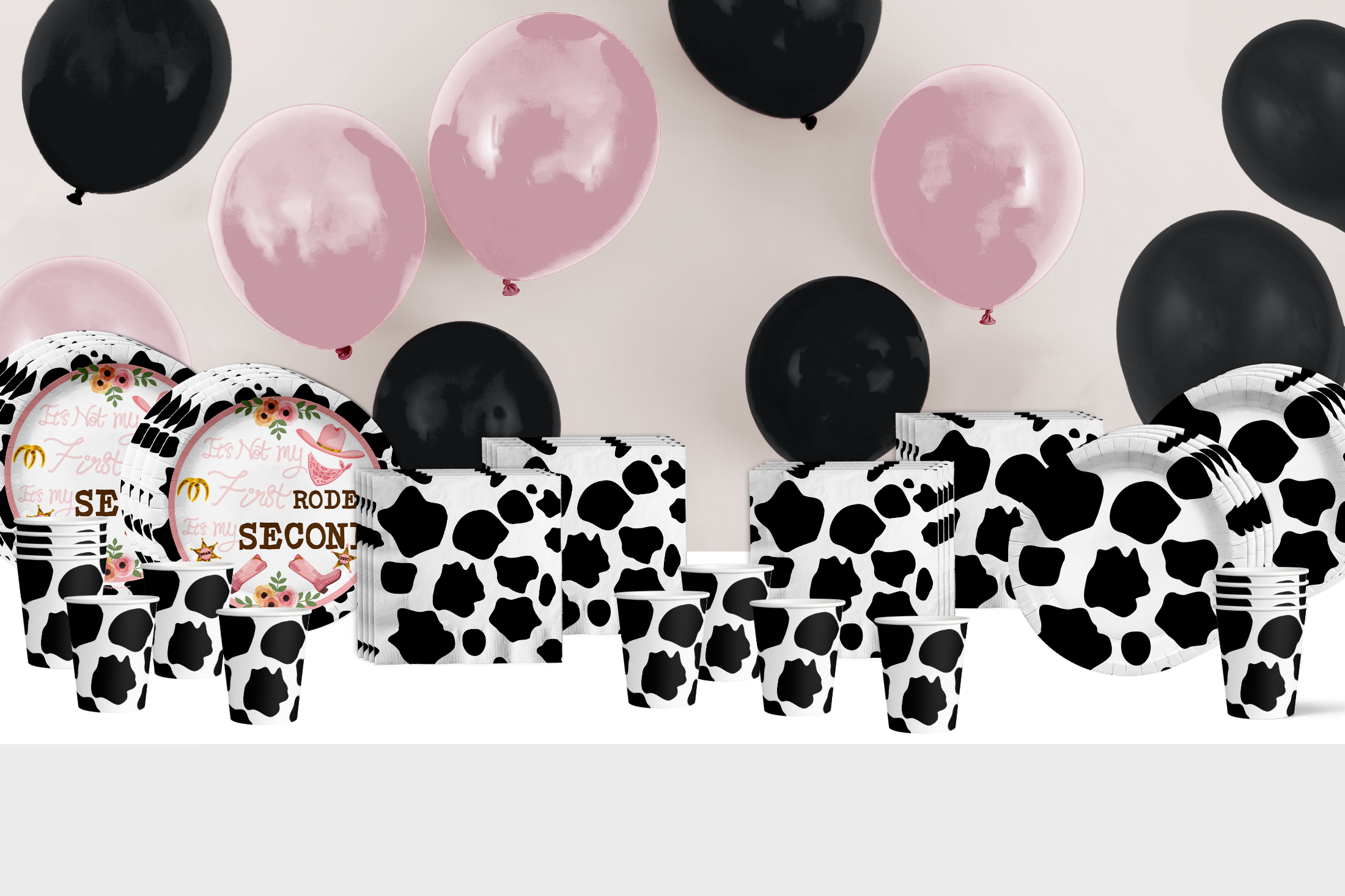 My Second Rodeo Cow Print 2nd Birthday Party Tableware Kit For 16 Guests 64 Piece