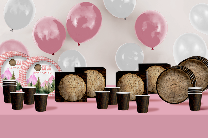 One Happy Camper Girl's 1st Birthday Party Supplies 64 Piece Tableware Set Includes Large 9" Paper Plates Dessert Plates, Cups and Napkins Kit for 16