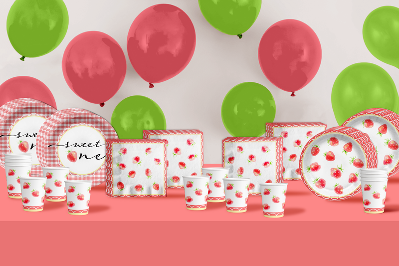 Sweet One Strawberry 1st Birthday Party Tableware Kit For 16 Guests 64 Piece