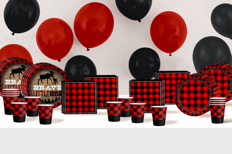 Brave Little One Buffalo Plaid 1st Birthday Party Tableware Kit For 16 Guests 64 Piece