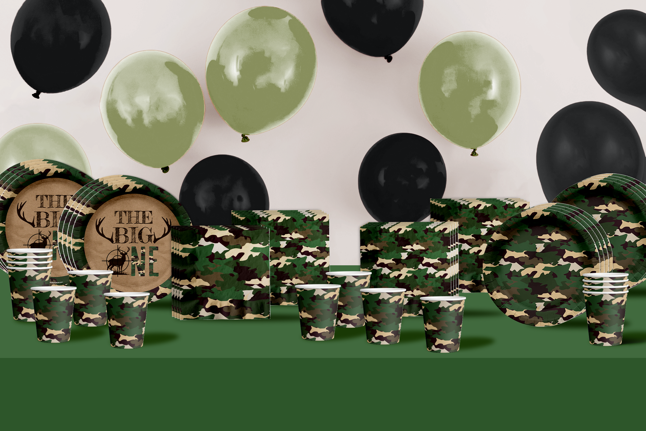 The BIG One Buck Hunter 1st Birthday Party Supplies 64 Piece Tableware Set Includes Large 9" Paper Plates Dessert Plates, Cups and Napkins Kit for 16