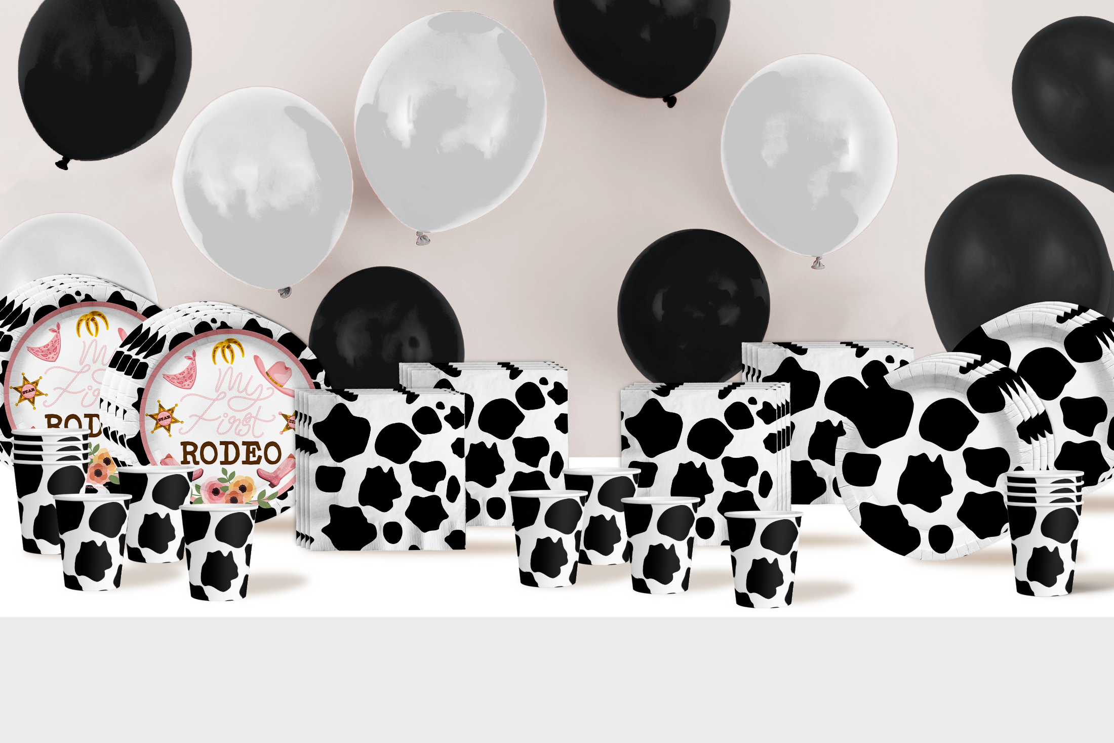 My First Rodeo Cow Print 1st Birthday Party Tableware Kit For 16 Guests 64 Piece