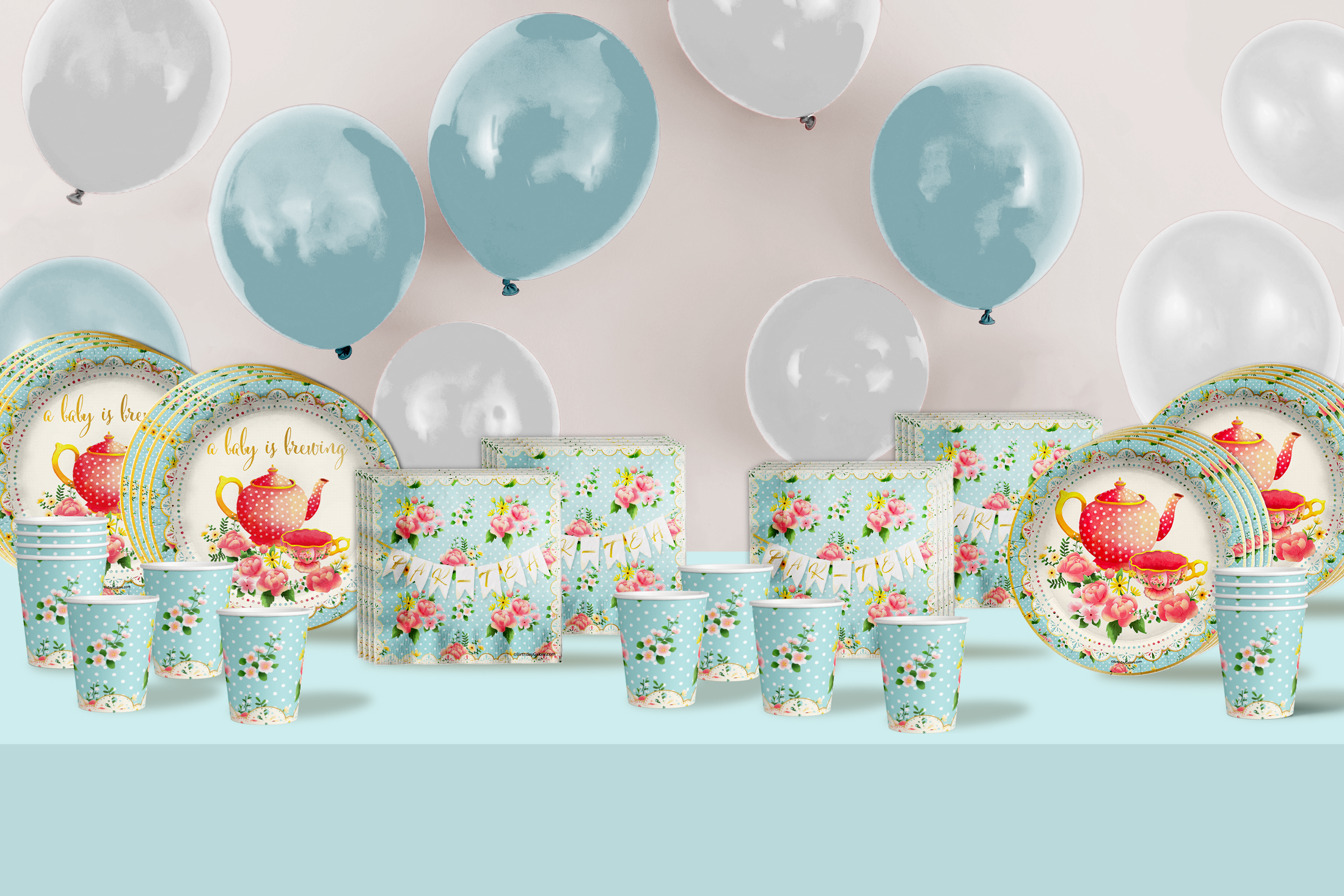 Baby is Brewing Tea Baby Shower Party Supplies 64 Piece Tableware Set Includes Large 9" Paper Plates Dessert Plates, Cups and Napkins Kit for 16