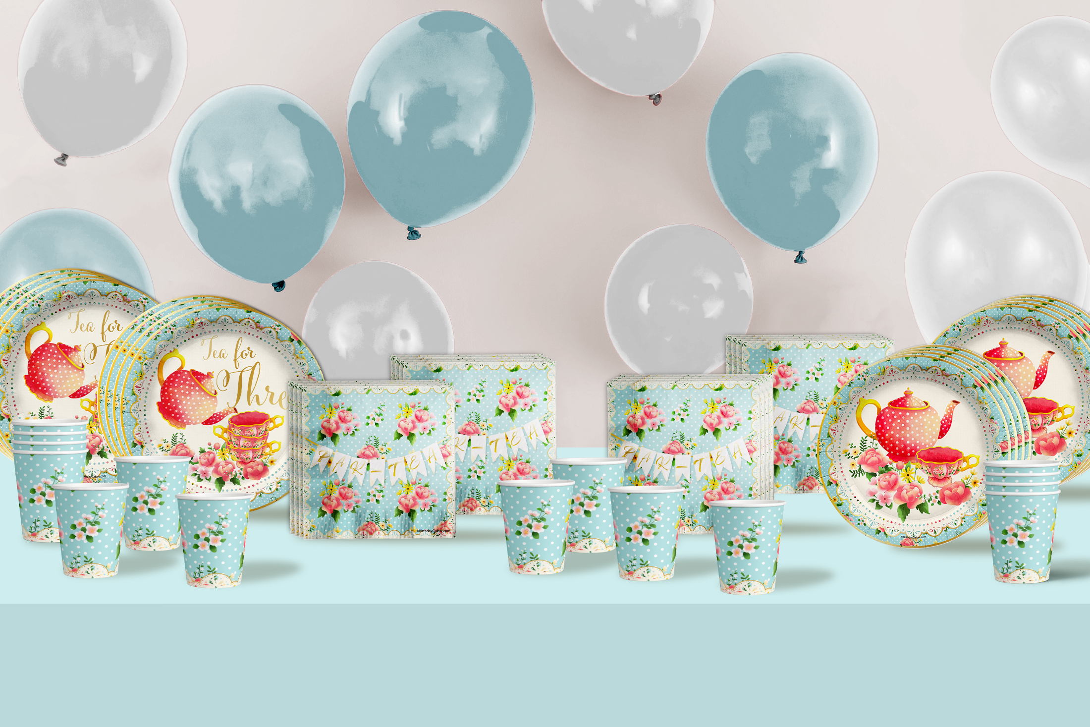 Tea for Three 3rd Birthday Party Supplies 64 Piece Tableware Set Includes Large 9" Paper Plates Dessert Plates, Cups and Napkins Kit for 16