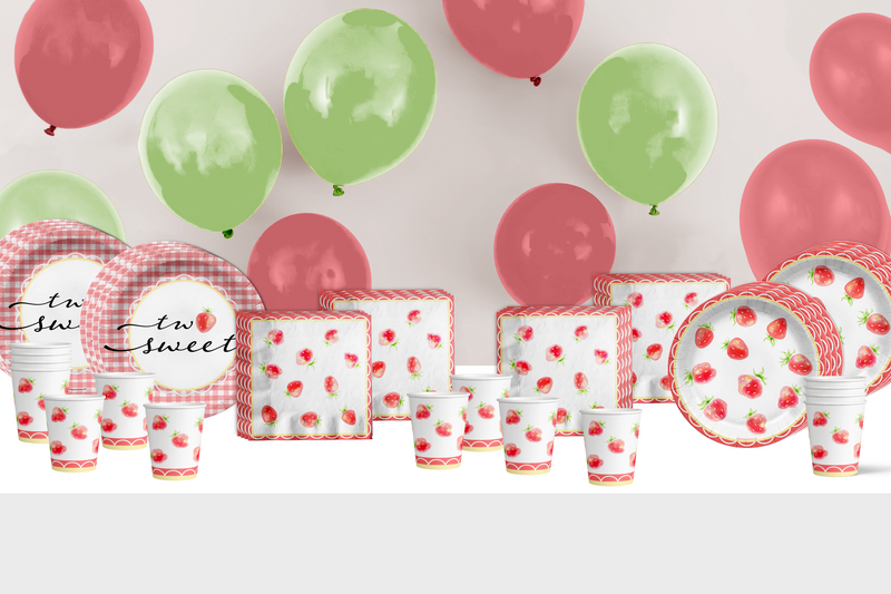 Two Sweet Strawberry 2nd Birthday Party Tableware Kit For 16 Guests 64 Piece
