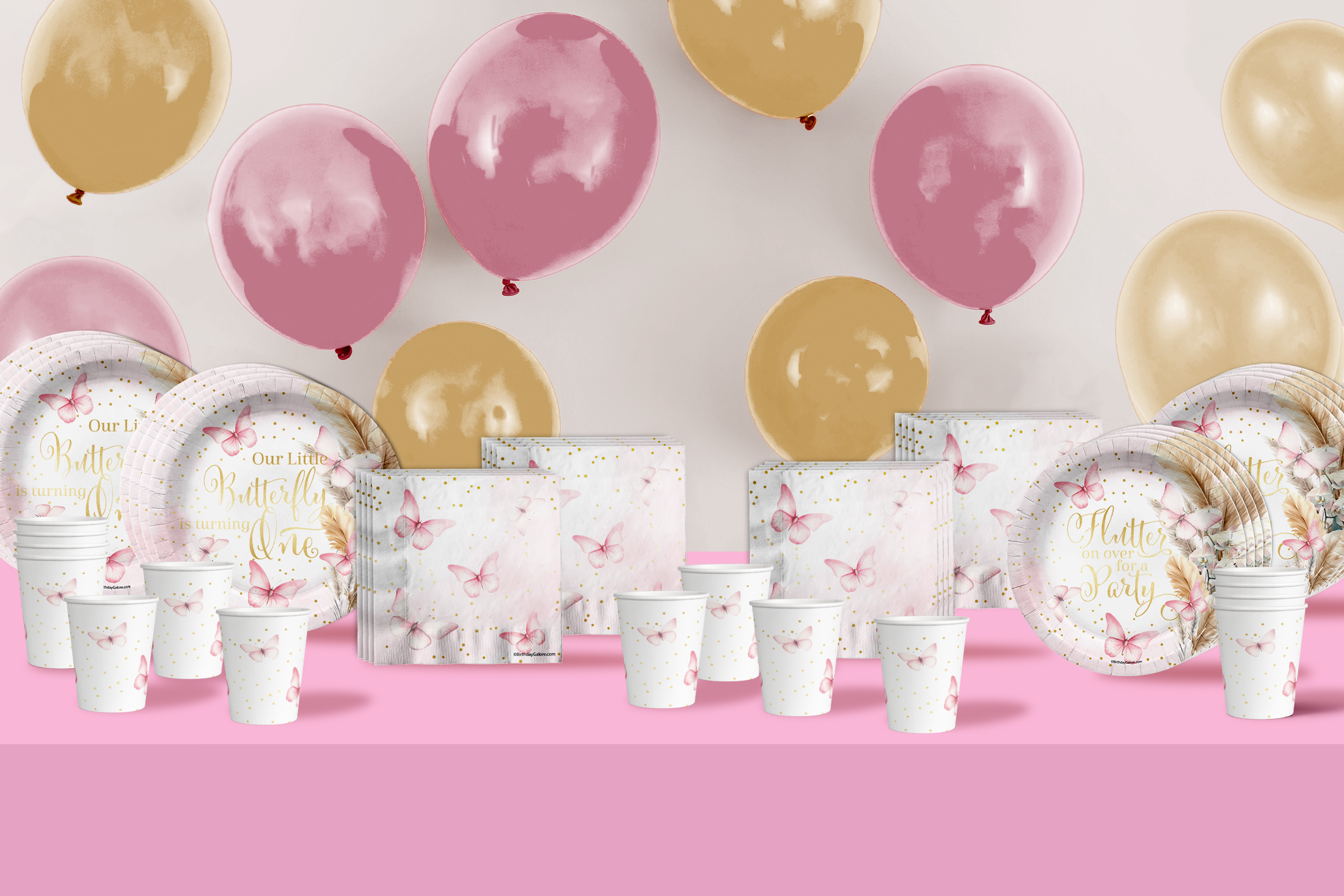 Butterfly Girl's 1st Birthday Party Supplies 64 Piece Tableware Set Includes Large 9" Paper Plates Dessert Plates, Cups and Napkins Kit for 16