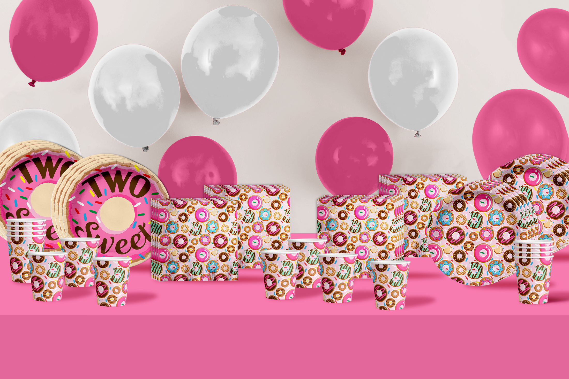 Two Sweet Donut 2nd Birthday Party Tableware Kit For 16 Guests 64 Piece