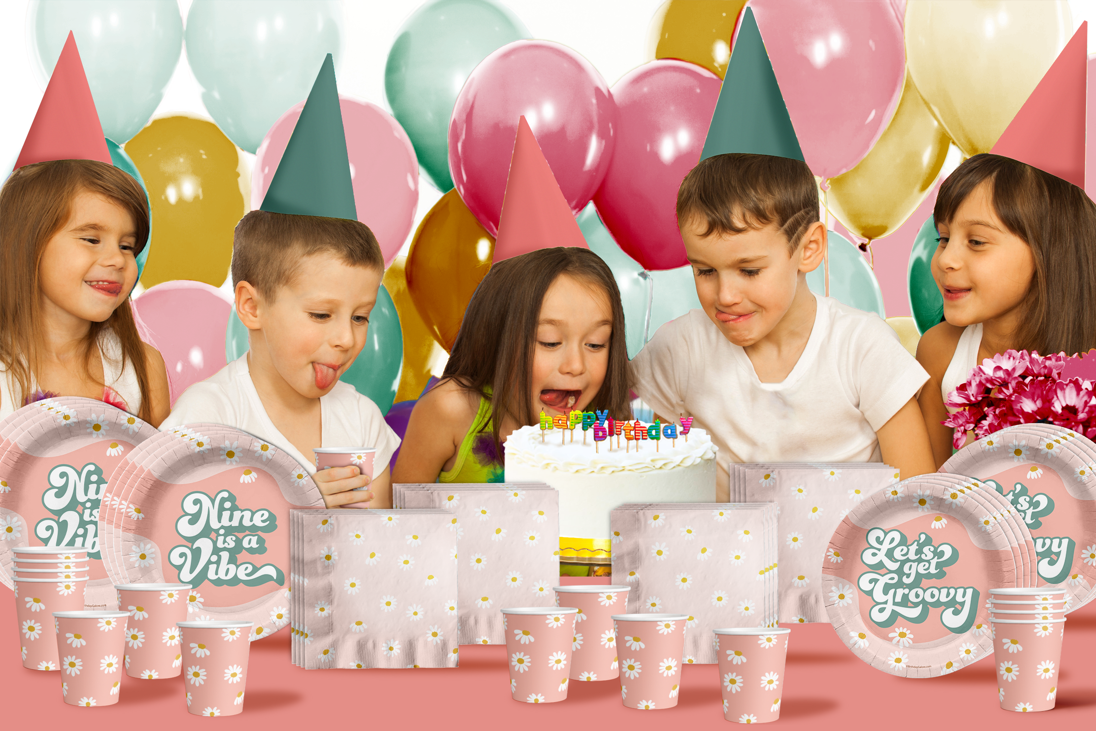 Let's Get Groovy Nine is a Vibe Birthday Party Tableware Kit For 16 Guests 64 Piece