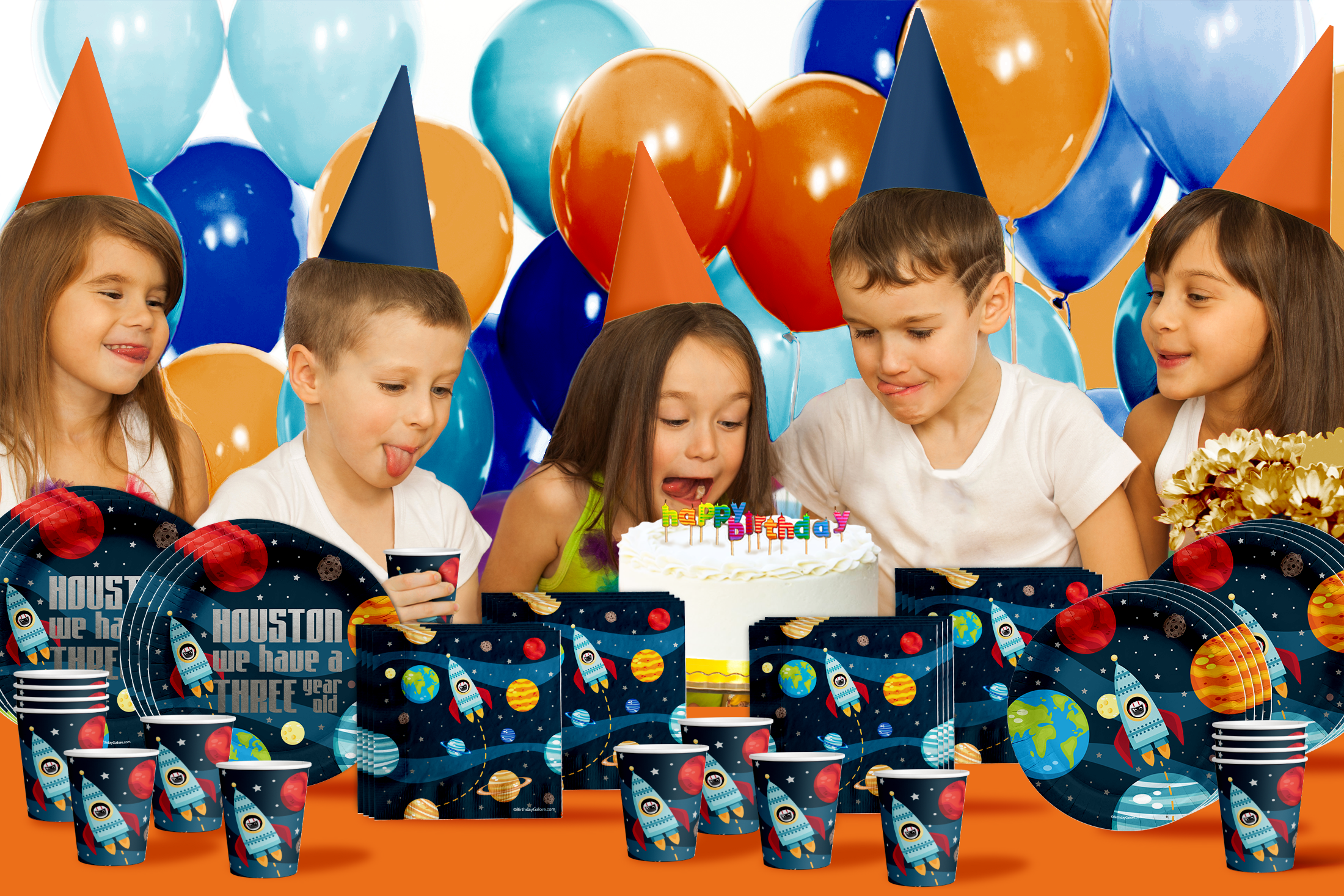 Houston We Have a Three Year Old Astronaut 3rd Birthday Party Tableware Kit For 16 Guests 64 Piece