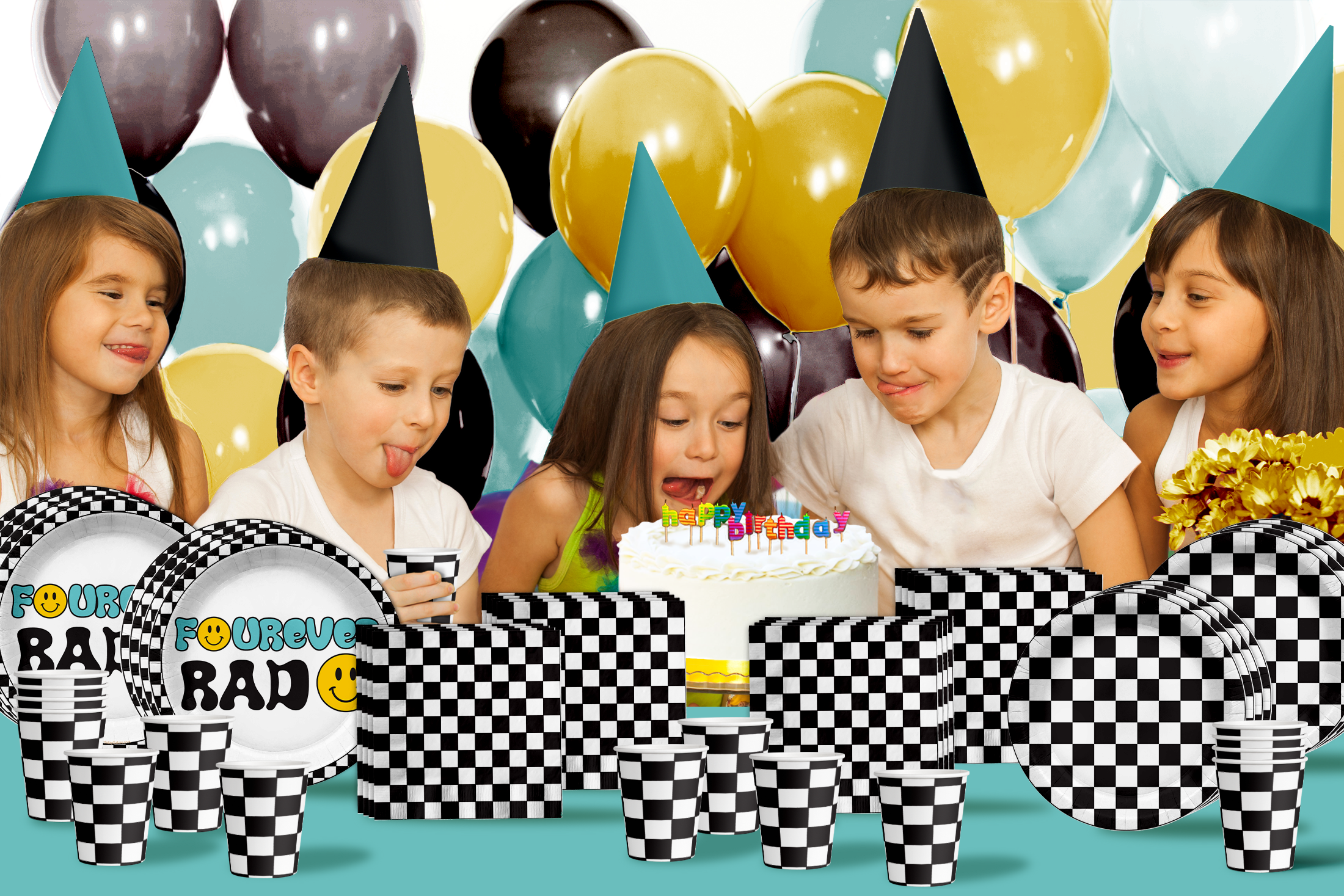 Fourever Rad Smiley Face 4th Birthday Party Supplies 64 Piece Tableware Set Includes Large 9" Dinner Plate and Small Dessert Plates Cups and Napkins Tableware Kit for 16