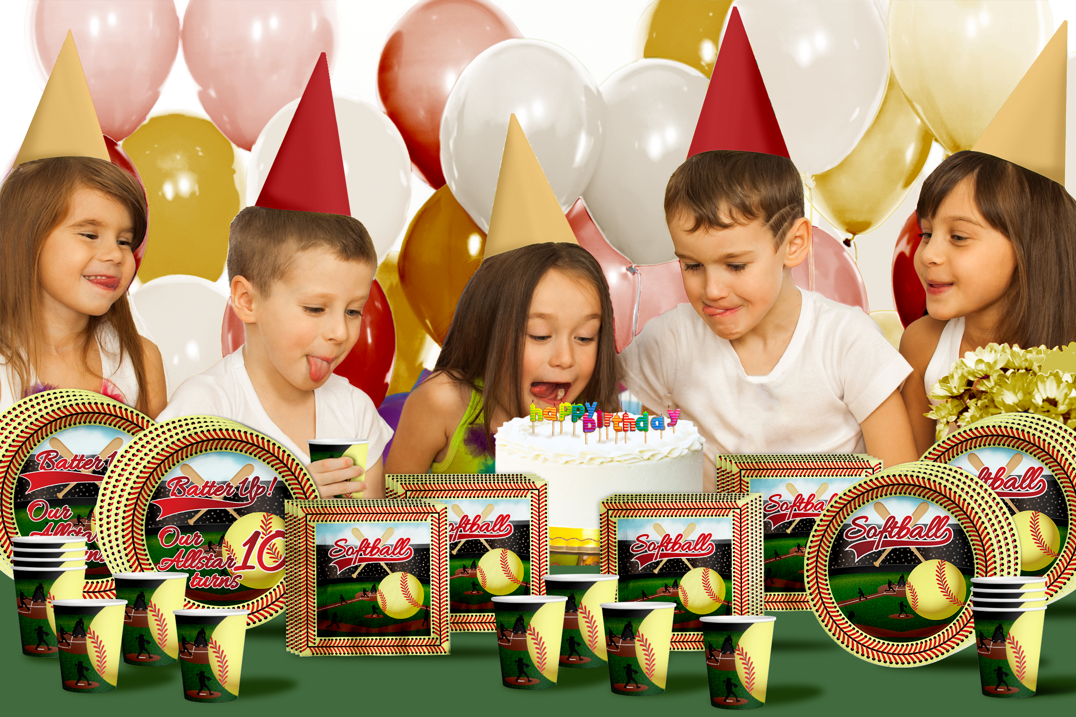 Softball 10th Birthday Party Supplies 64 Piece Tableware Set Includes Large 9" Paper Plates Dessert Plates, Cups and Napkins Kit for 16