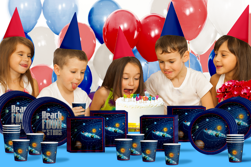 Reach Four the Stars Space 4th Birthday Party Tableware Kit For 16 Guests 64 Piece