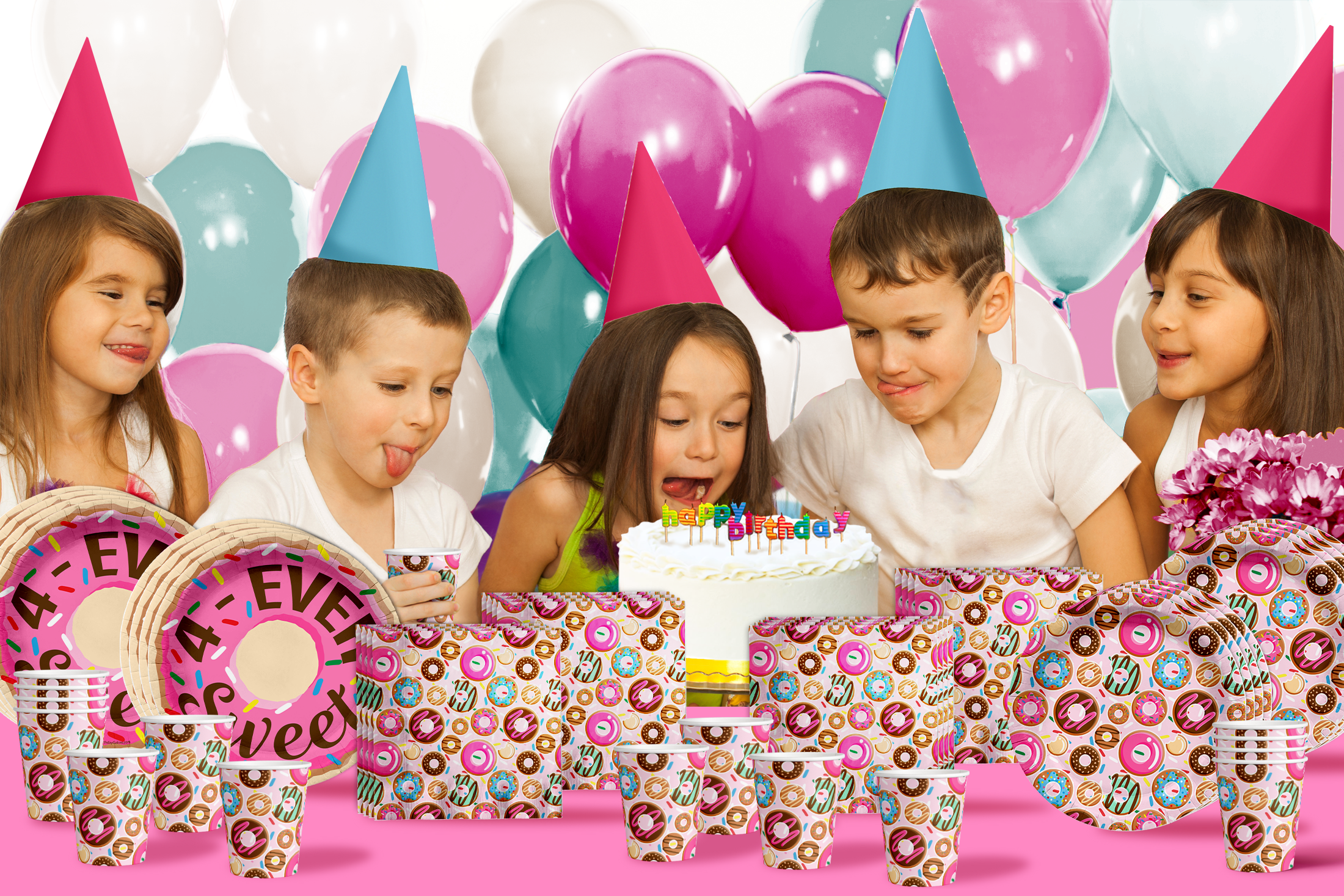 Girls 4th Birthday Party Supplies - Fourever Sweet Donut Birthday Paper Plates - 64 Piece Tableware Set Includes Large 9" Paper Plates Dessert Plates, Cups and Napkins Kit for 16