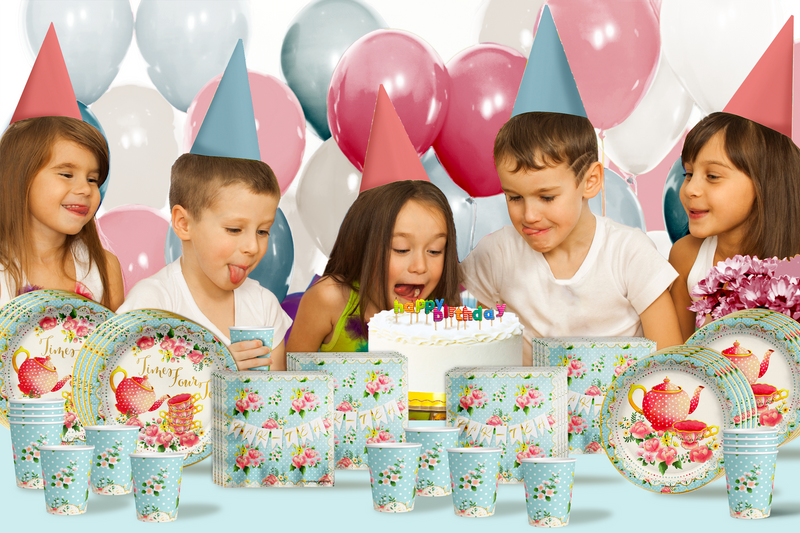 Time Four Tea 4th Birthday Party Supplies 64 Piece Tableware Set Includes Large 9" Paper Plates Dessert Plates, Cups and Napkins Kit for 16