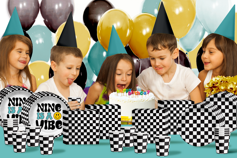 Nine is a Vibe Smiley Face 9th Birthday Party Supplies 64 Piece Tableware Set Includes Large 9" Dinner Plate and Small Dessert Plates Cups and Napkins Tableware Kit for 16