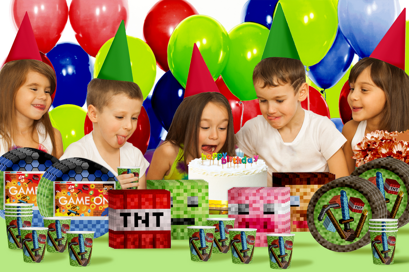 Video Game Mining Pixel Birthday Party Tableware Kit For 16 Guests 64 Piece