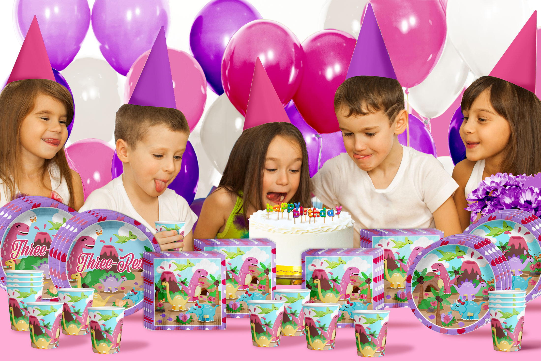 Three Rex Dinosaur Girl's 3rd Birthday Party Tableware Kit For 16 Guests 64 Piece