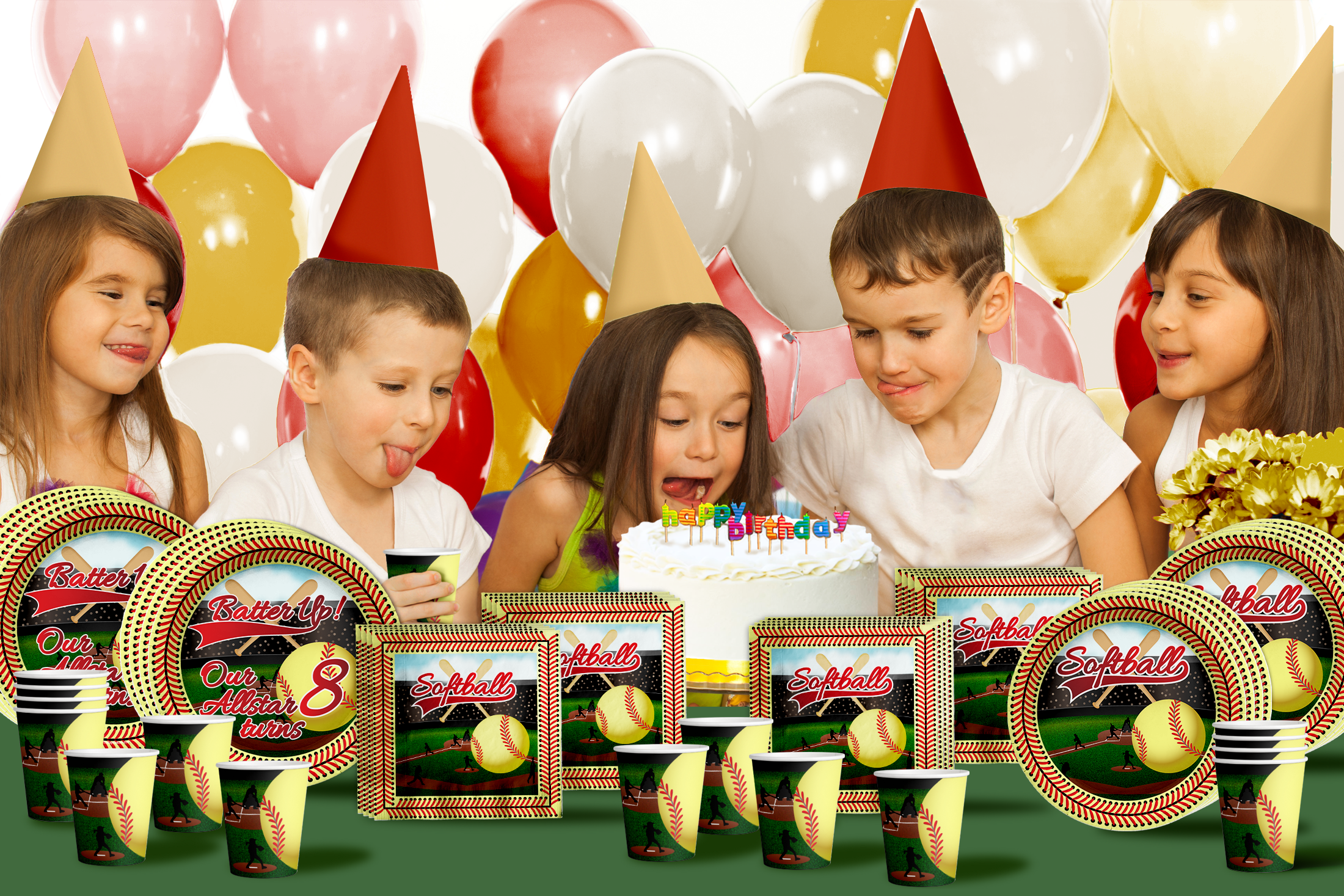 Softball 8th Birthday Party Supplies 64 Piece Tableware Set Includes Large 9" Paper Plates Dessert Plates, Cups and Napkins Kit for 16