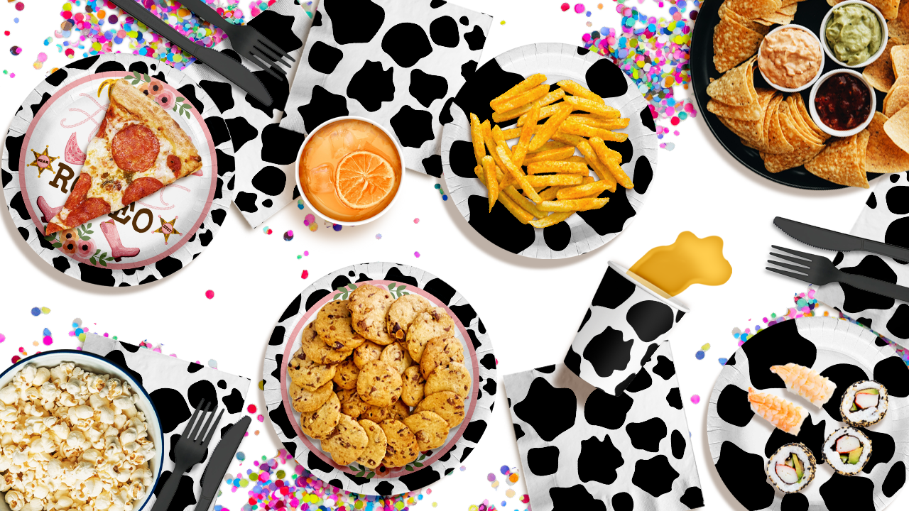 Her Last Rodeo Cow Print Party Tableware Kit For 16 Guests 64 Piece