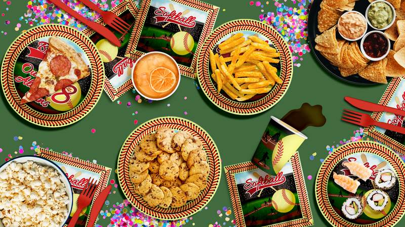 Softball 8th Birthday Party Supplies 64 Piece Tableware Set Includes Large 9" Paper Plates Dessert Plates, Cups and Napkins Kit for 16