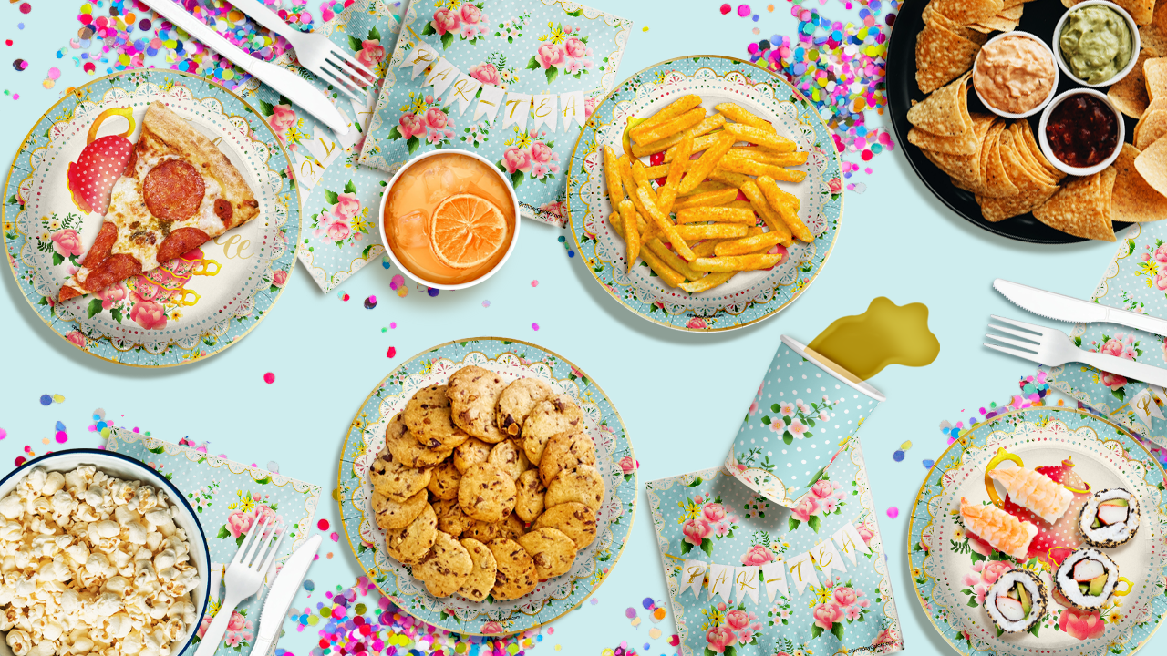 Tea for Three 3rd Birthday Party Supplies 64 Piece Tableware Set Includes Large 9" Paper Plates Dessert Plates, Cups and Napkins Kit for 16