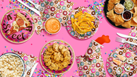 Girls 4th Birthday Party Supplies - Fourever Sweet Donut Birthday Paper Plates - 64 Piece Tableware Set Includes Large 9" Paper Plates Dessert Plates, Cups and Napkins Kit for 16
