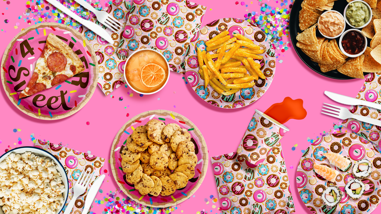 Girls 4th Birthday Party Supplies - Fourever Sweet Donut Birthday Paper Plates - 64 Piece Tableware Set Includes Large 9" Paper Plates Dessert Plates, Cups and Napkins Kit for 16