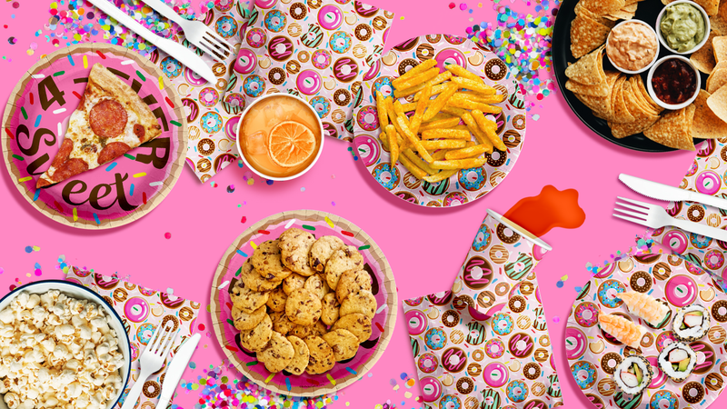 Girls 4th Birthday Party Supplies - Fourever Sweet Donut Birthday Paper Plates - 64 Piece Tableware Set Includes Large 9" Paper Plates Dessert Plates, Cups and Napkins Kit for 16