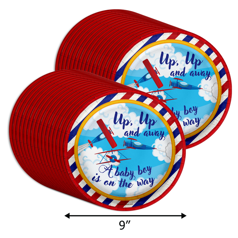 Up Up and Away Airplane Baby Shower Party Supplies Large 9" Paper Plates in Bulk 32 Piece