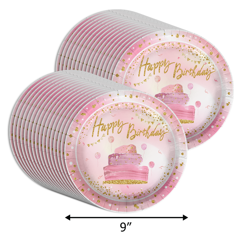 Pink and Gold Happy Birthday Party 9" Dinner Plates 32 Count