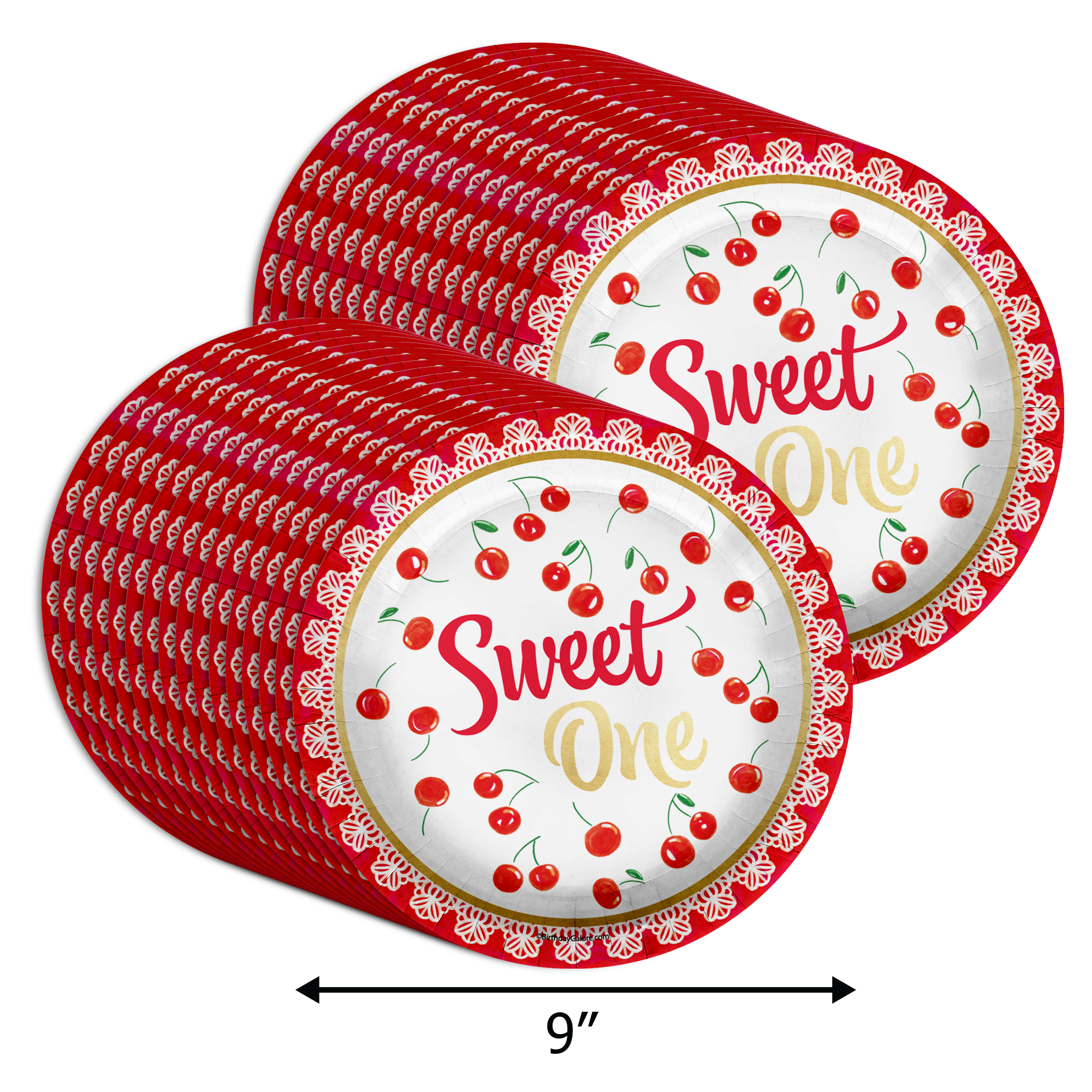 Sweet One Cherry Birthday Party 9" Dinner Plates 32 Count