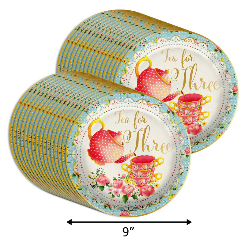 Tea For Three 3rd Birthday Party Supplies Large 9" Paper Plates in Bulk 32 Piece