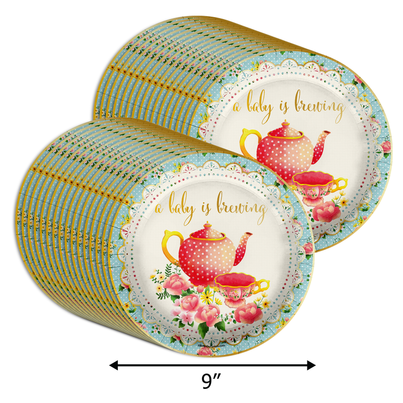 A Baby is Brewing Tea Baby Shower Party Supplies Large 9" Paper Plates in Bulk 32 Piece