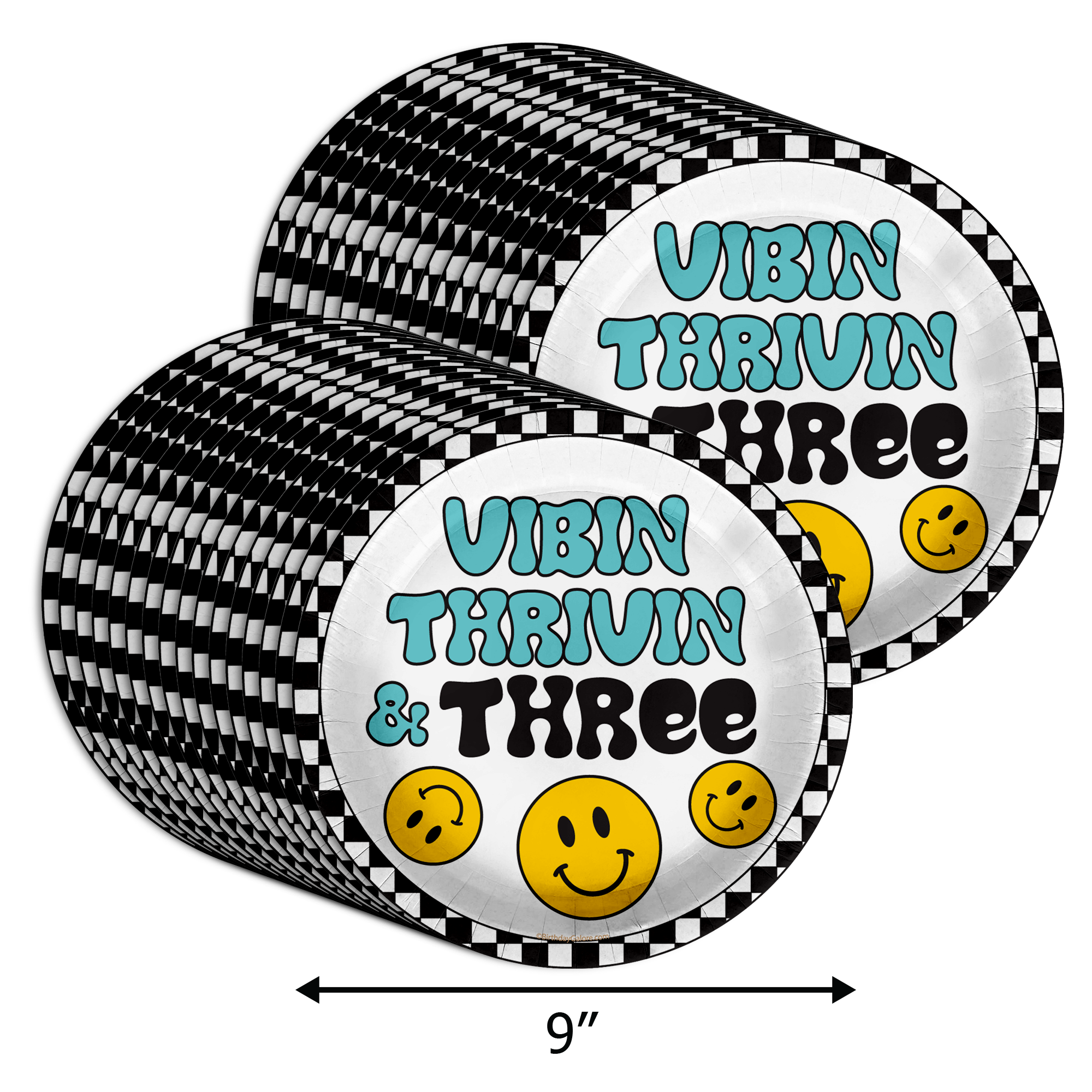 Vibin Thrivin' and Three Smiley Face 3rd Birthday Party Supplies Large 9" Paper Plates in Bulk 32 Piece