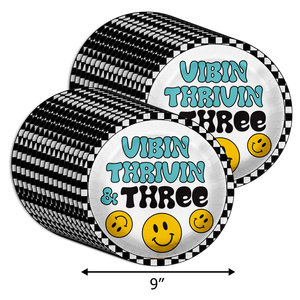 Vibin Thrivin' and Three Smiley Face 3rd Birthday Party Supplies Large 9" Paper Plates in Bulk 32 Piece