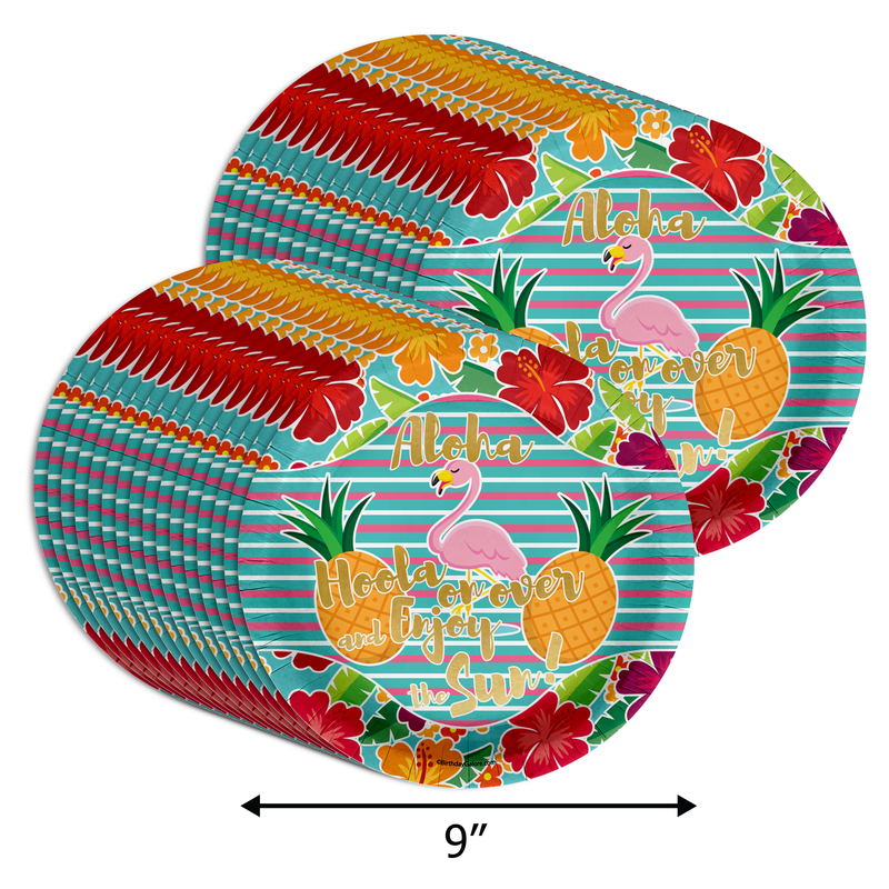Flamingo Hawaiian Hibiscus Birthday Party 9" Dinner Plates 32 Count