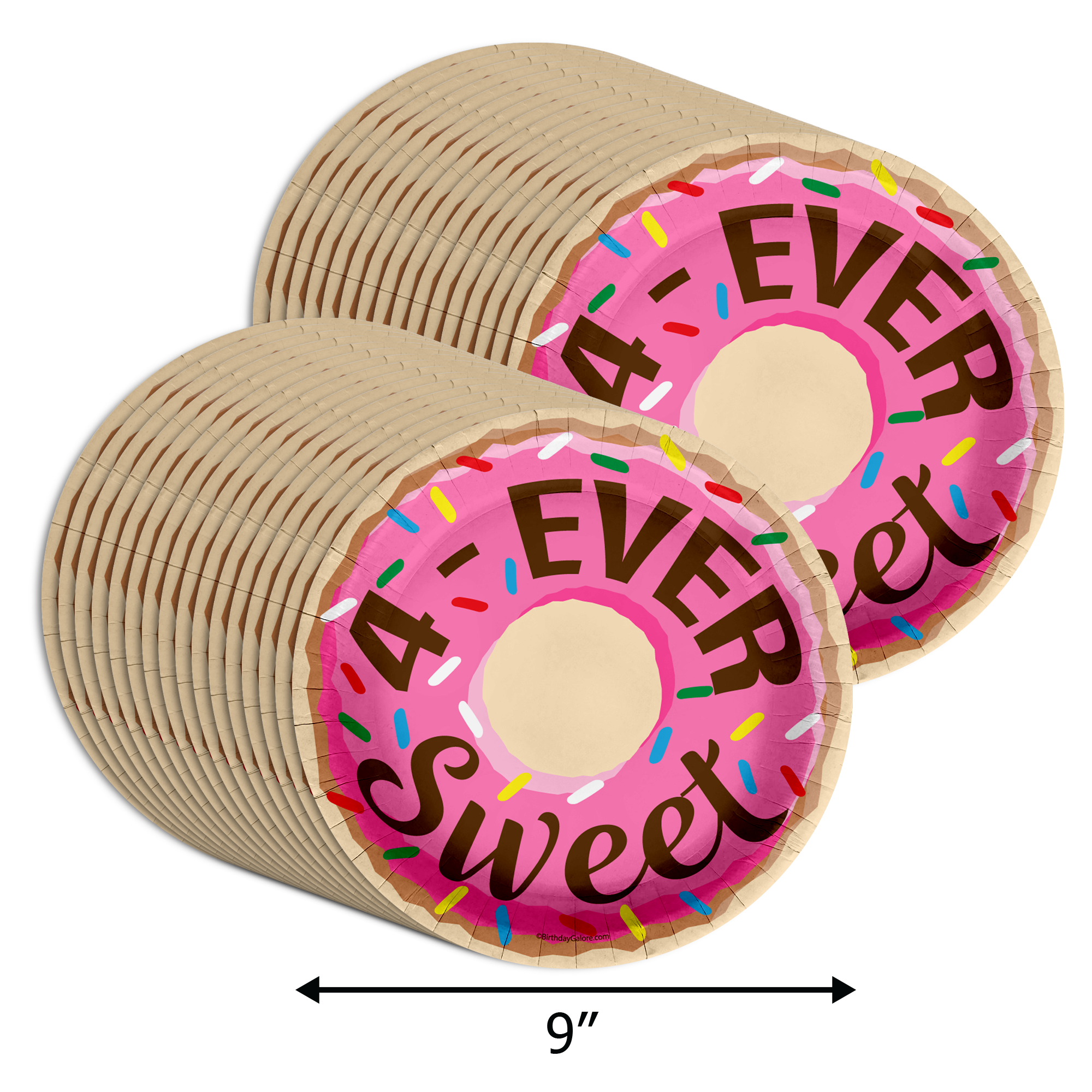 Girls 4th Birthday Party Supplies - Fourever Sweet Donut Birthday Paper Plates - Large 9" Paper Plates in Bulk 32 Piece
