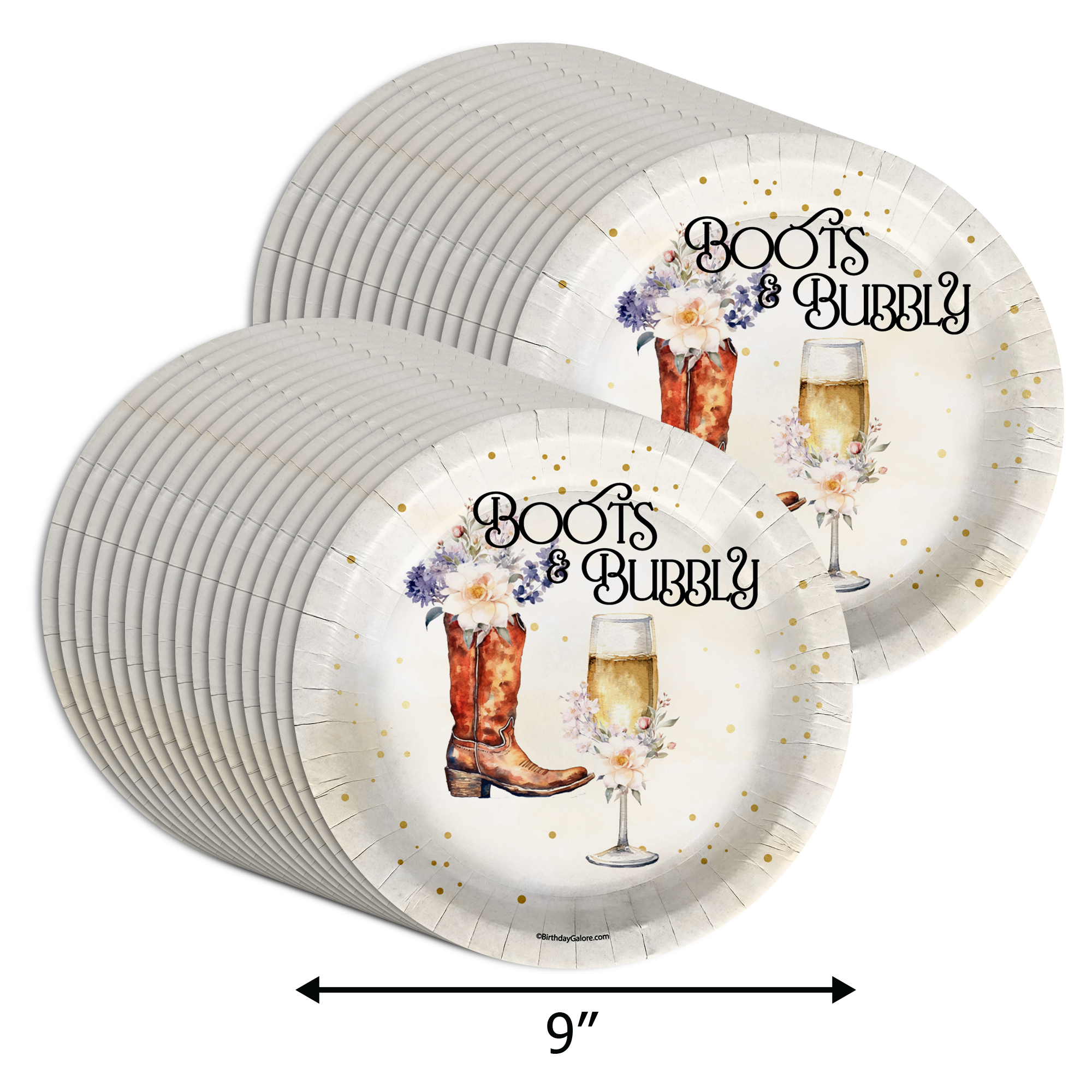 Boots and Bubbly Bridal Shower Party Supplies Large 9" Paper Plates in Bulk 32 Piece