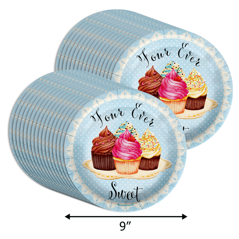 Four Ever Sweet Cupcake 4th Birthday Party Supplies Large 9" Paper Plates in Bulk 32 Piece