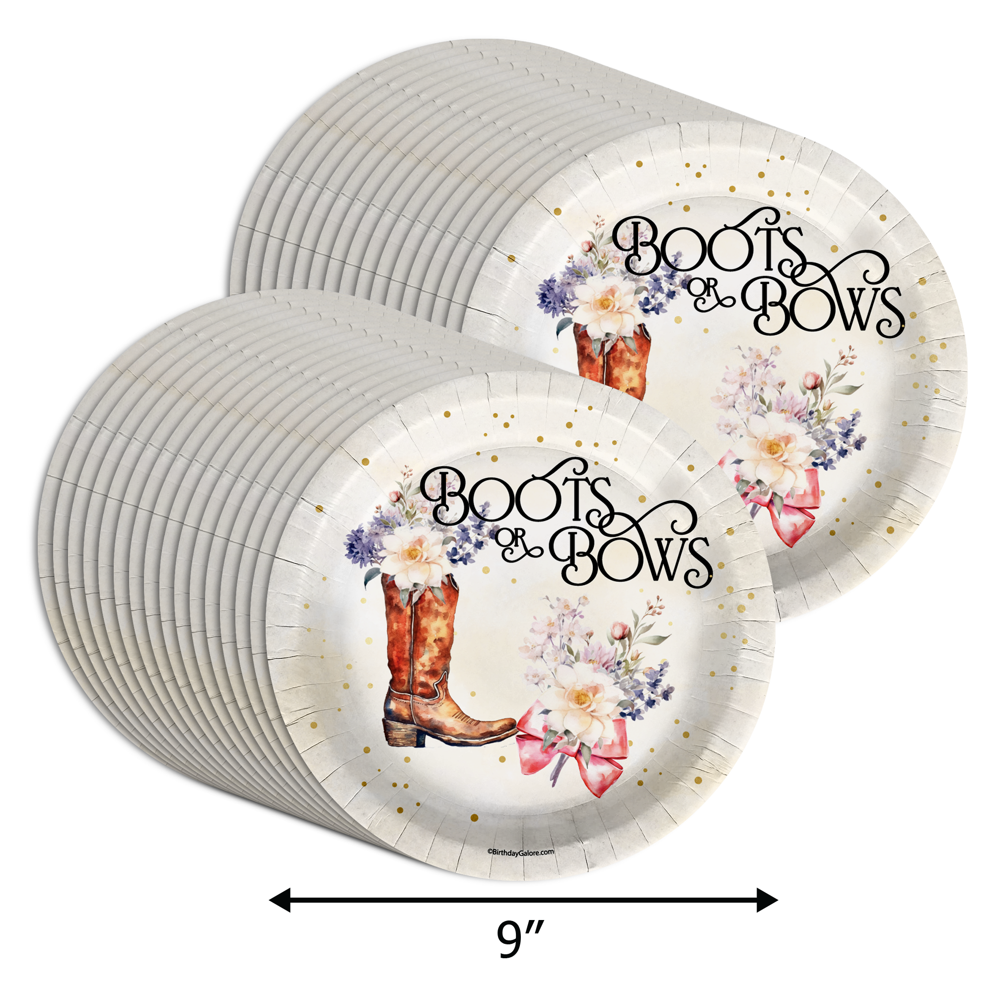 Boots or Bows Gender Reveal Party Supplies Large 9" Paper Plates in Bulk 32 Piece