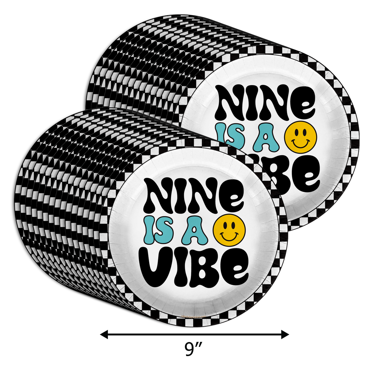 Nine is a Vibe Smiley Face 9th Birthday Party Supplies Large 9" Paper Plates in Bulk 32 Piece