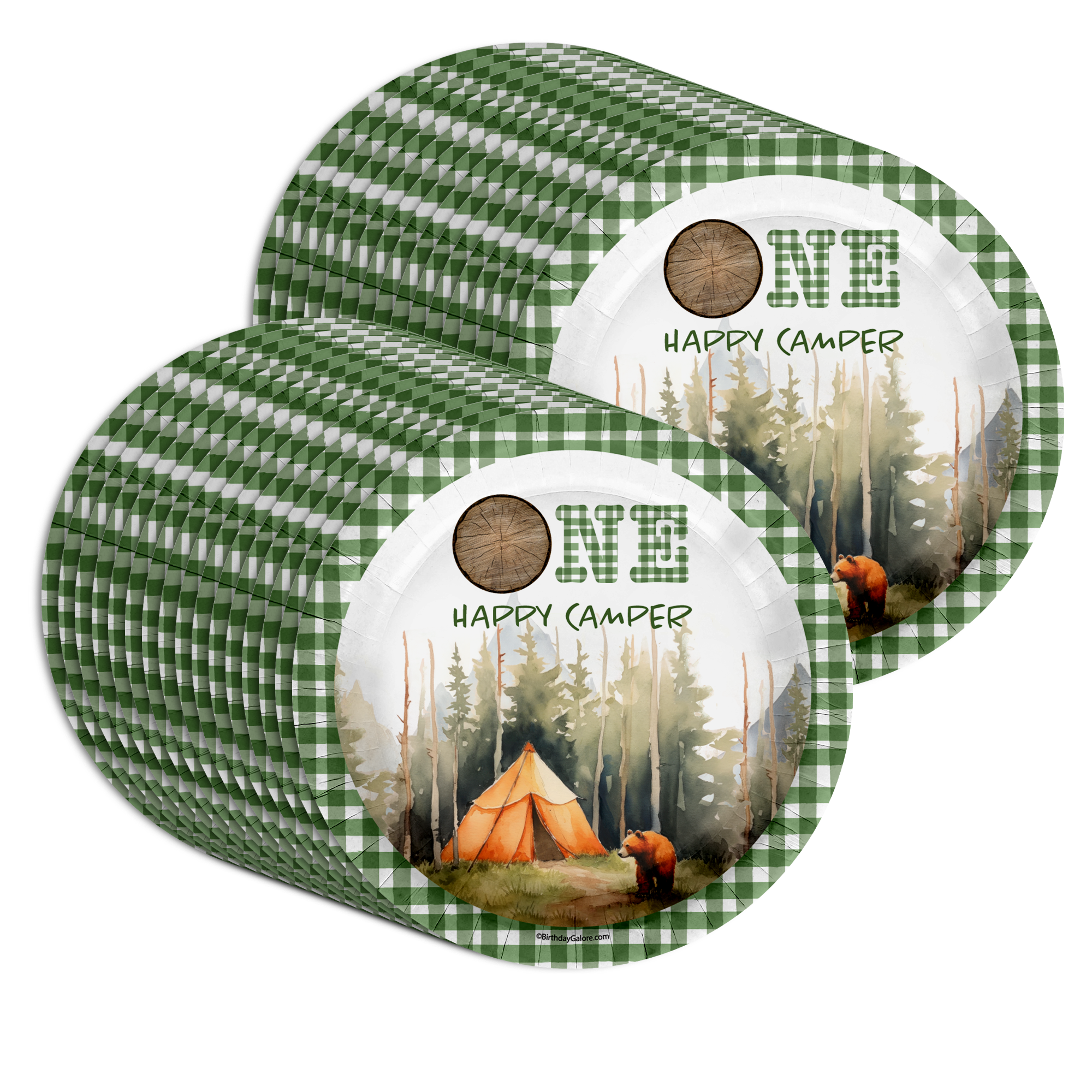camper boys Birthday Galore One Happy Camper Boys 1st Birthday Party Supplies Large 9" Paper Plates in Bulk 32 Piece
