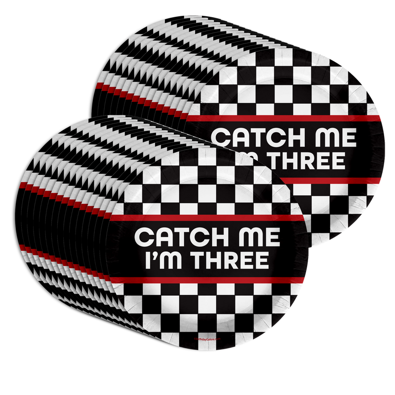 Catch Me I'm Three Racing 3rd Birthday Party Supplies Large 9" Paper Plates in Bulk 32 Piece