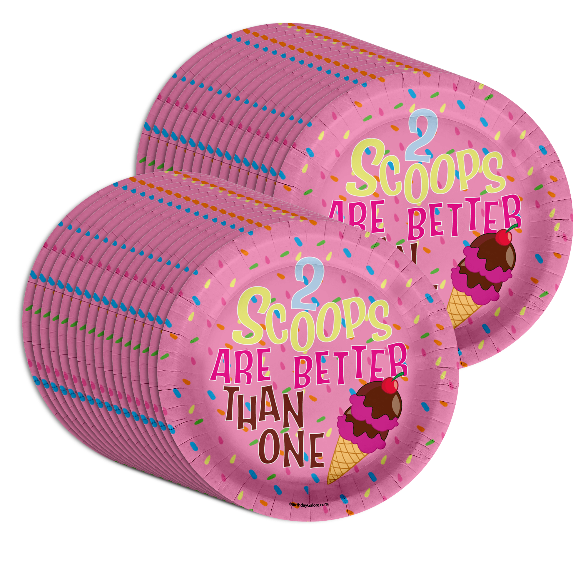 Girls 2nd Birthday Party Supplies - 2 Scoops Ice Cream Birthday Paper Plates - Large 9" Paper Plates in Bulk 32 Piece