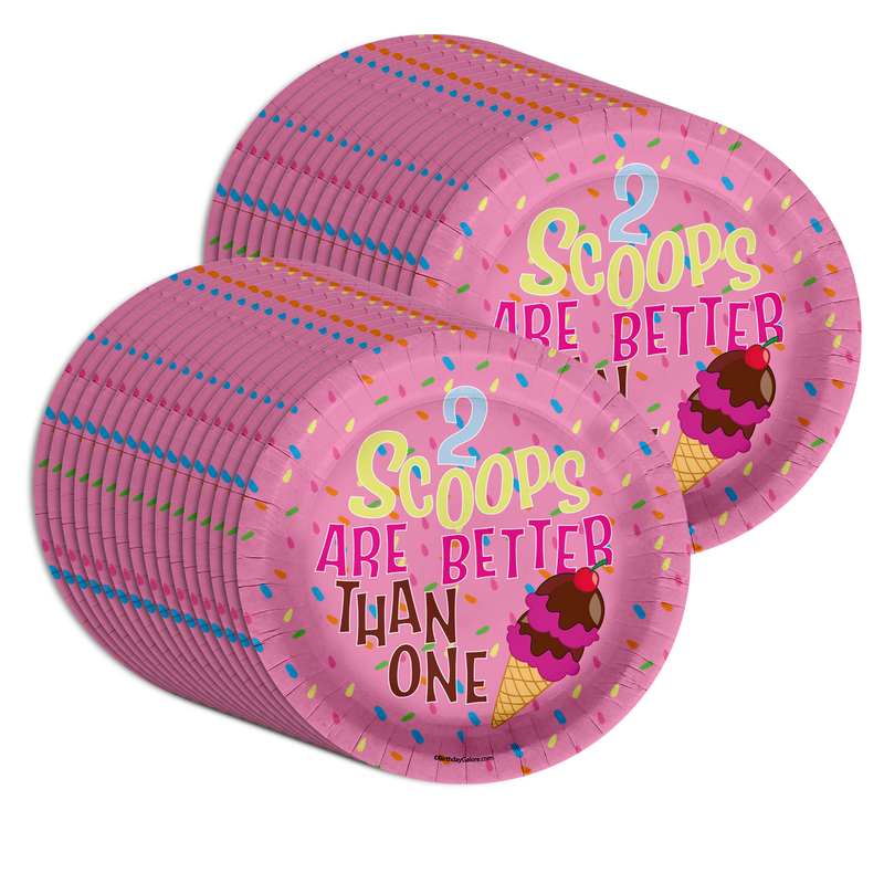 Girls 2nd Birthday Party Supplies - 2 Scoops Ice Cream Birthday Paper Plates - Large 9" Paper Plates in Bulk 32 Piece