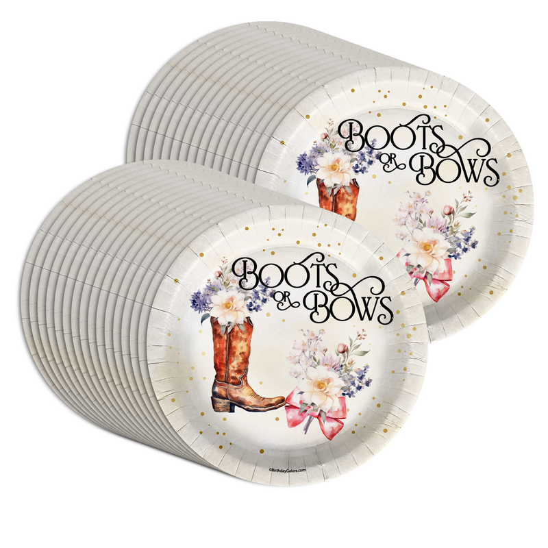 Boots or Bows Gender Reveal Party Supplies Large 9" Paper Plates in Bulk 32 Piece