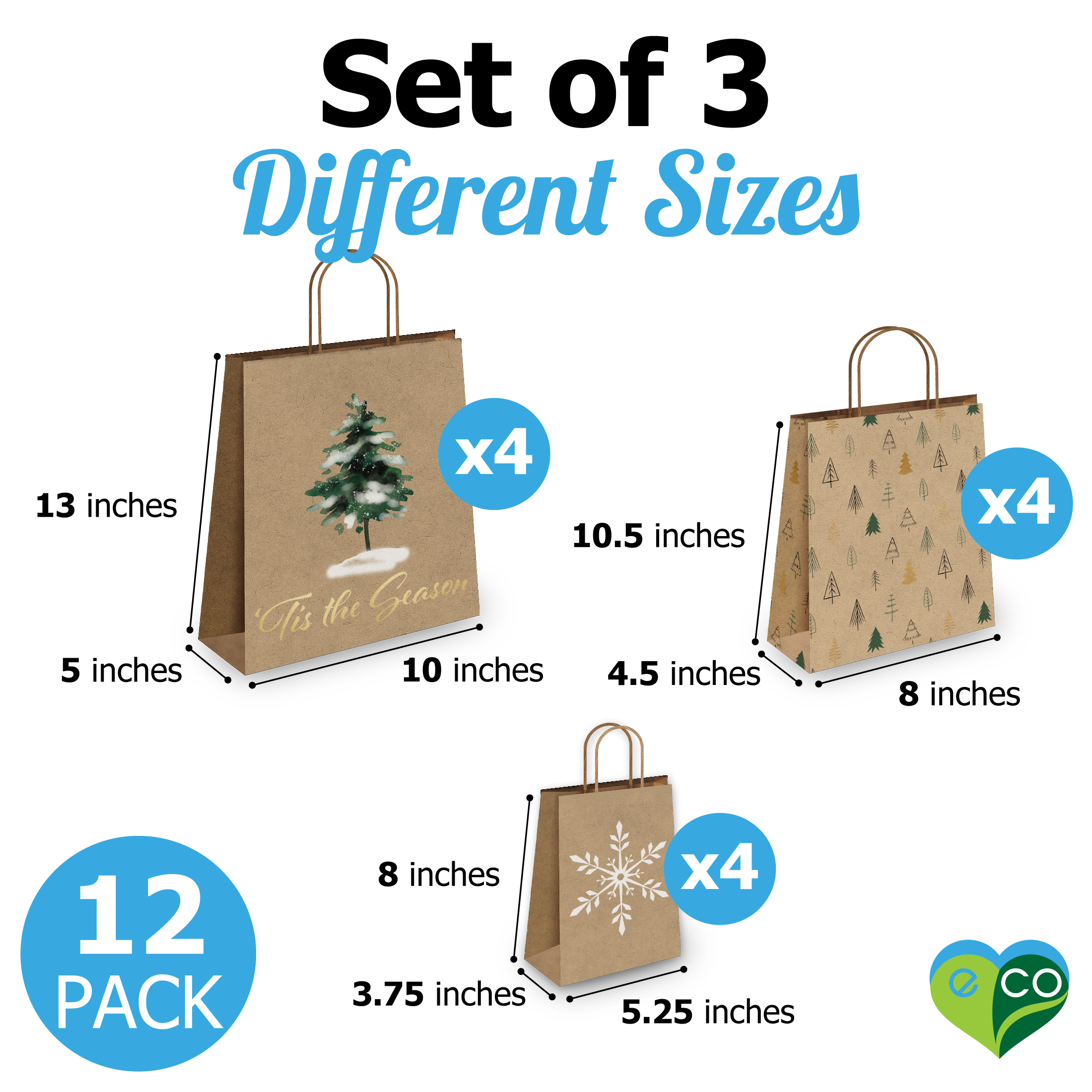 Fir Trees Kraft Gift Bags Mixed Size Set