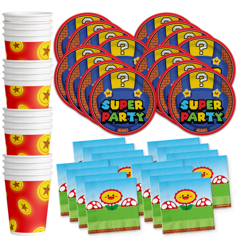 Super Party with Mario Birthday Party Tableware Kit For 16 Guests