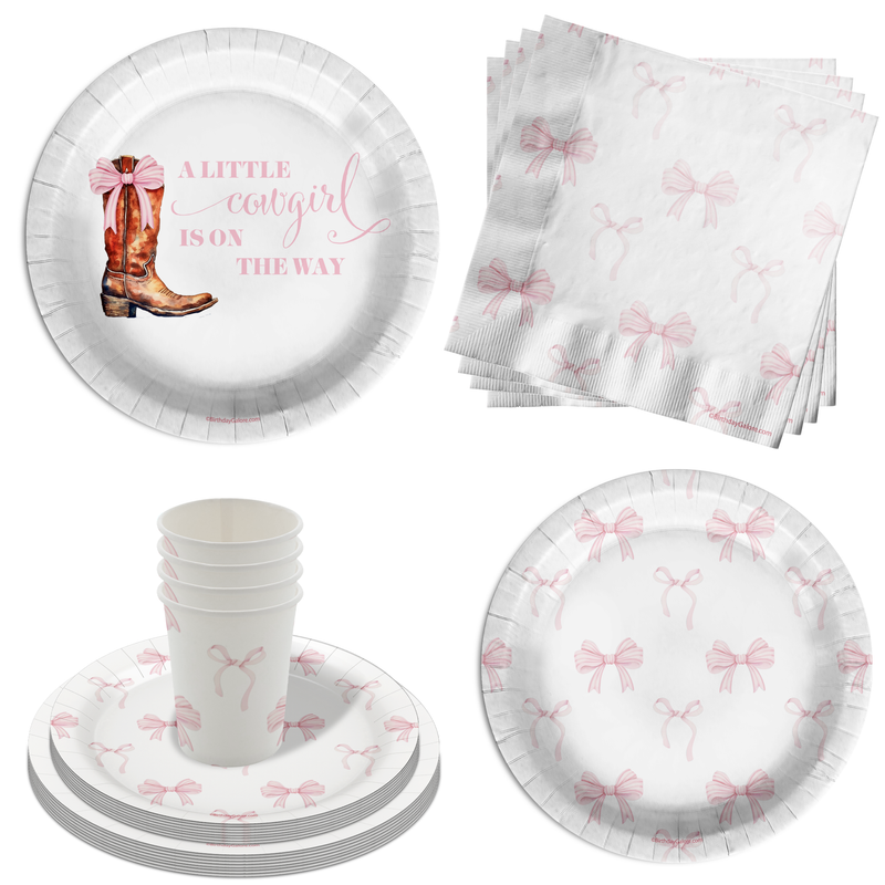 A Little Cowgirl On The Way Pink Bows Baby Shower Party Supplies 64 Piece Tableware Set Includes Large 9" Paper Plates Dessert Plates, Cups and Napkins Kit for 16